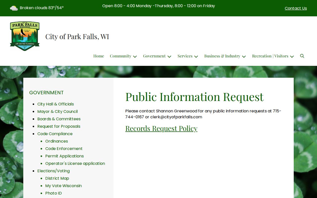 Park Falls police records public information request channel