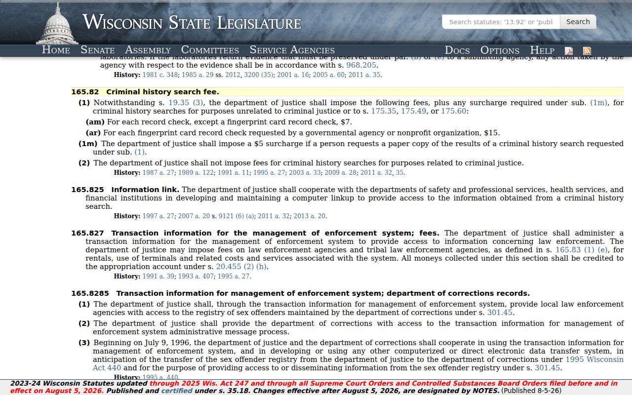 Wisconsin DOJ law for Park Falls criminal history records