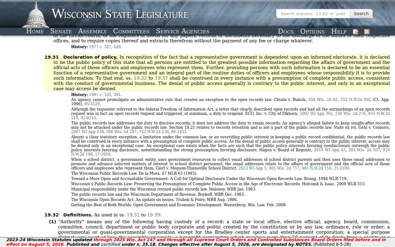 Wisconsin public access law for Park Falls criminal records