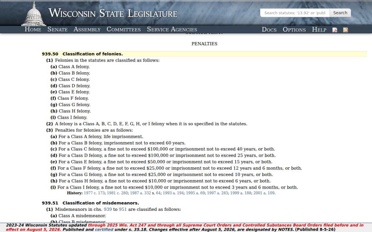 Phillips Price County criminal records and Wisconsin felony classifications