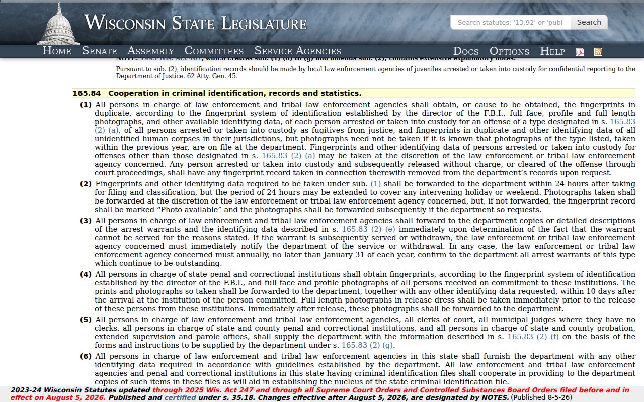 Prentice Price County arrest records and Wisconsin fingerprint submission law