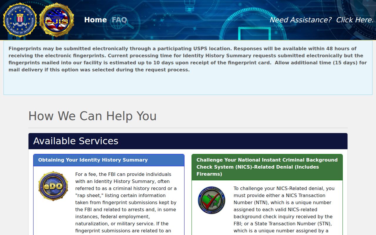 FBI identity history portal for a Price County criminal record self-review