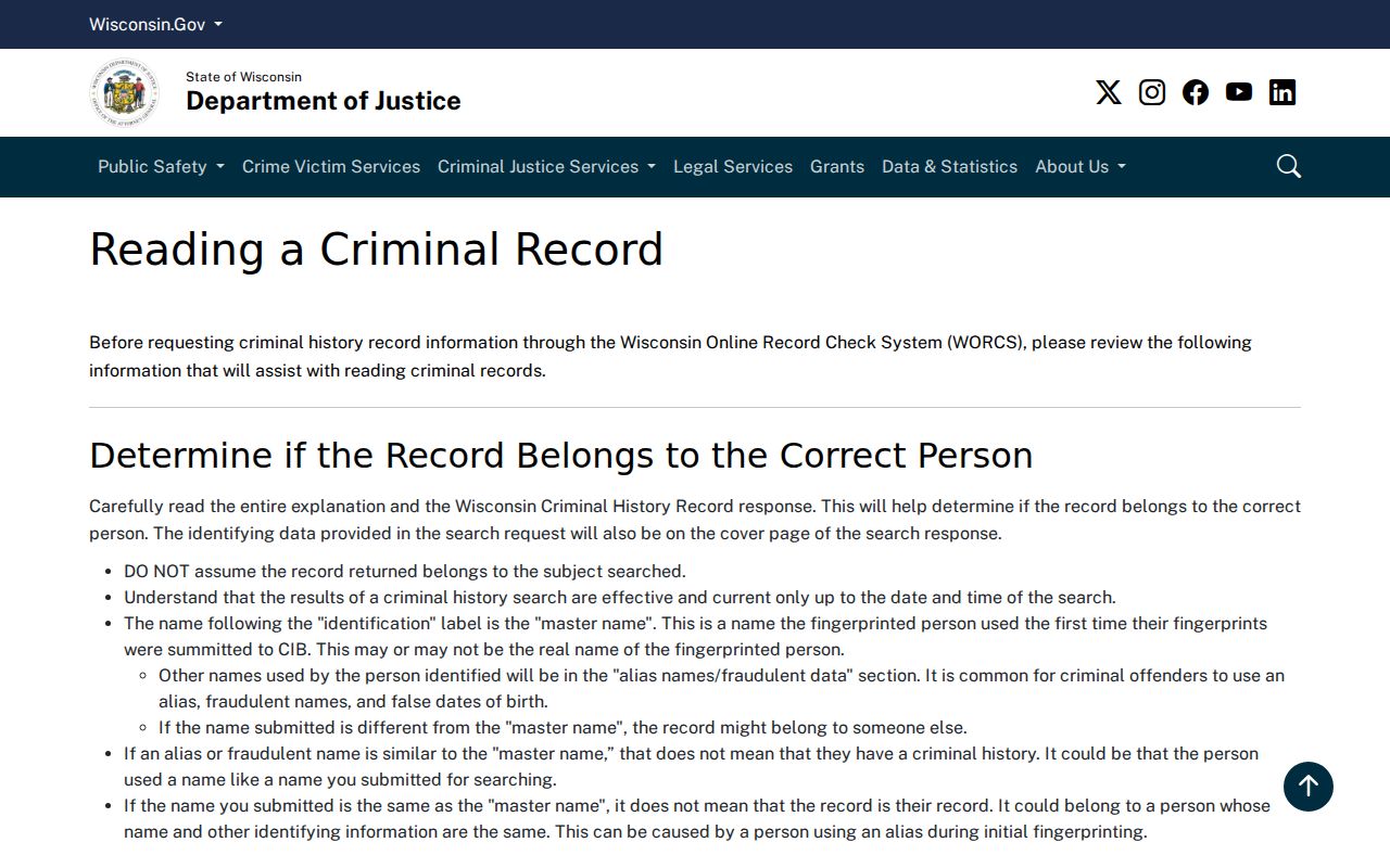 Wisconsin DOJ guide for reading a Price County criminal record