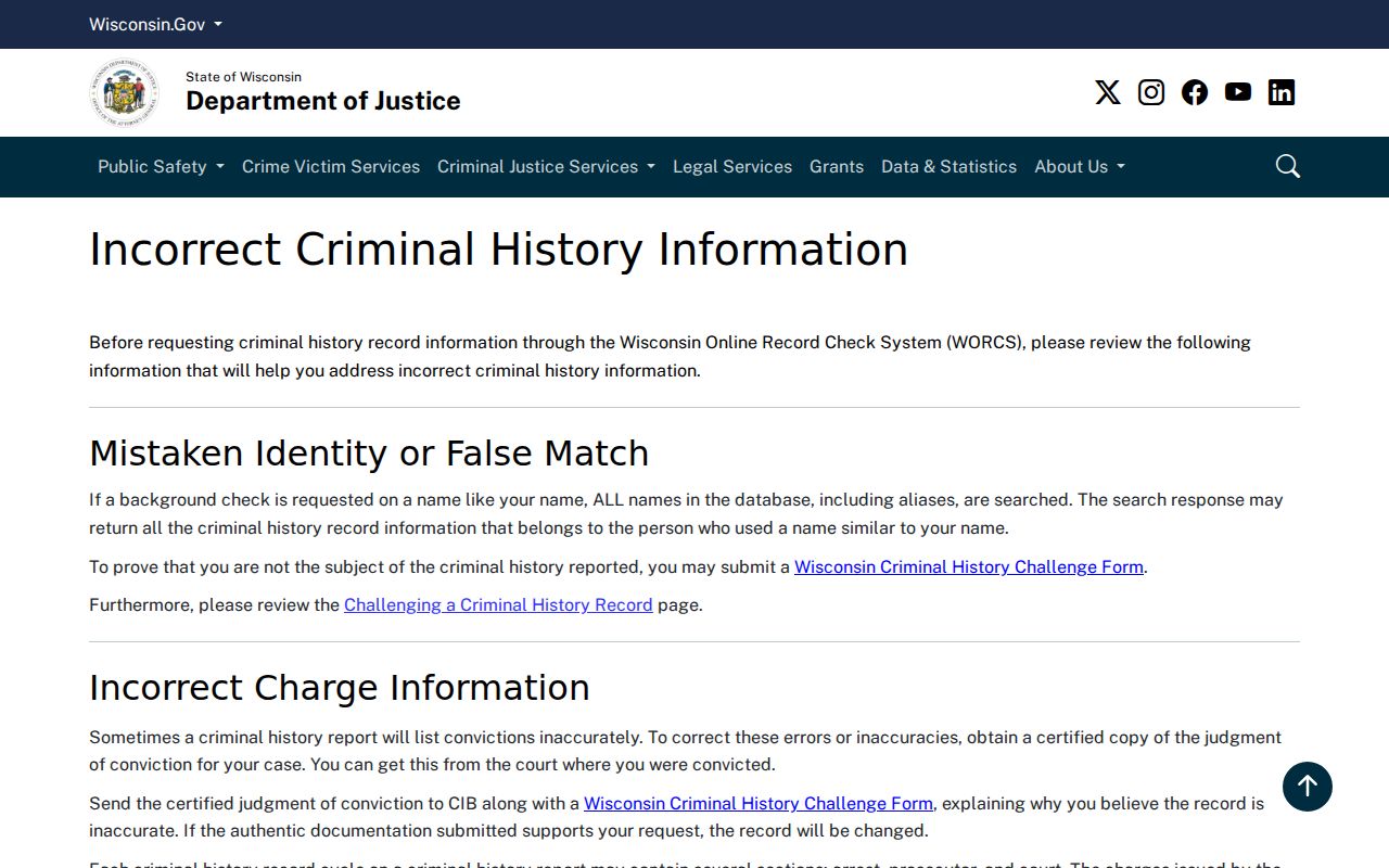 Wisconsin DOJ correction process for Price County criminal history