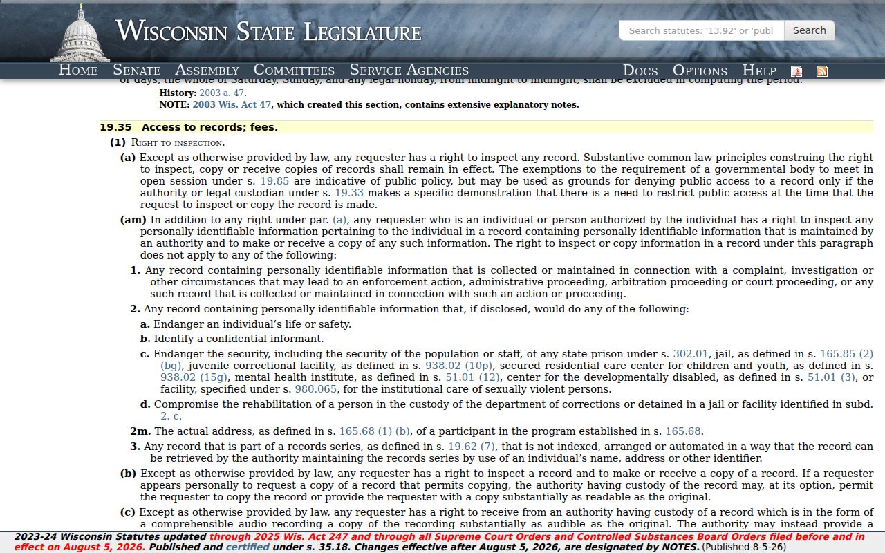 Wisconsin public records law for Price County criminal records