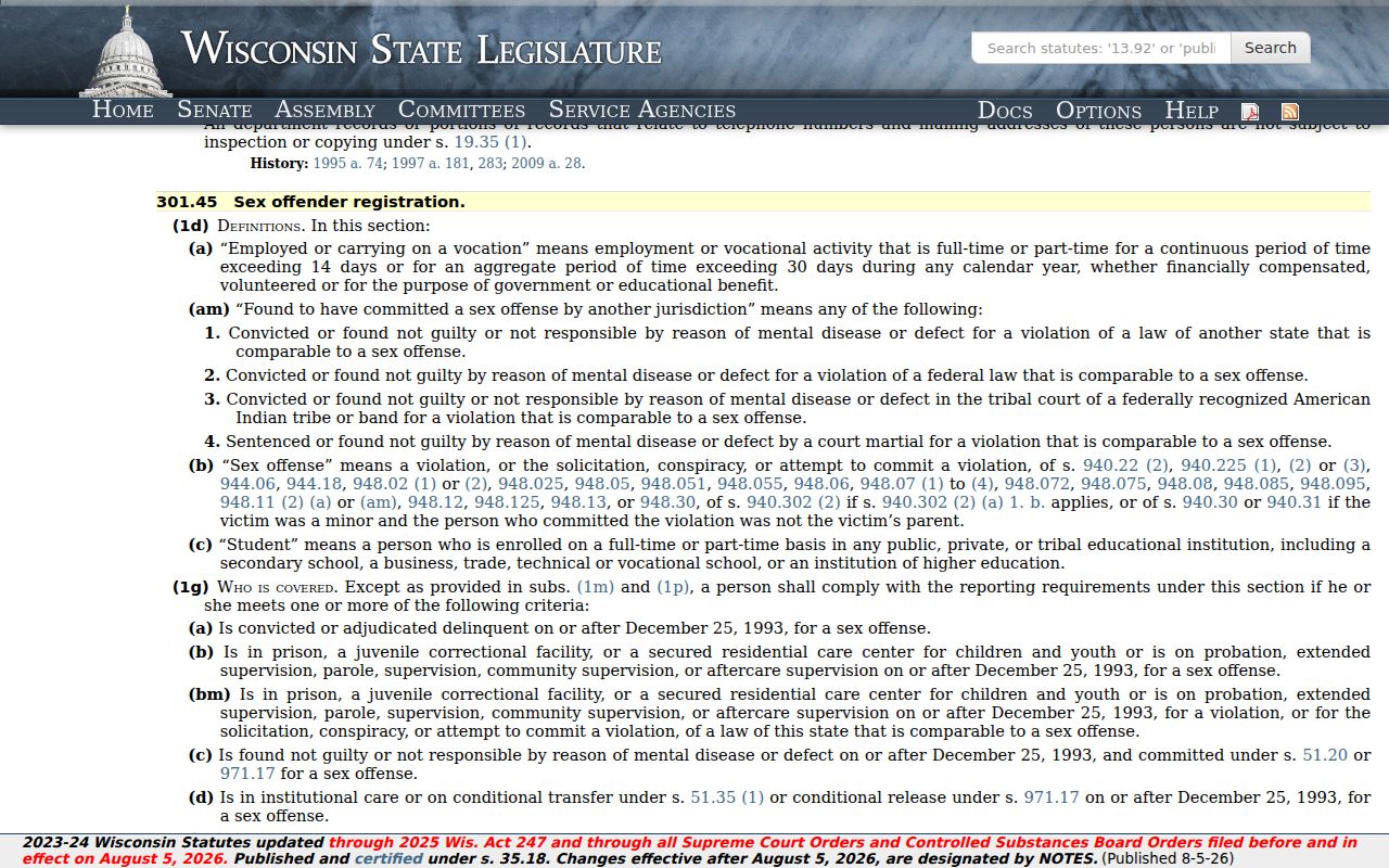 Wisconsin registration law for a Price County sex offender lookup